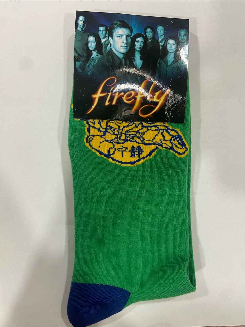 Firefly Green Crew Socks with Yellow Ship Motif and Blue Toe